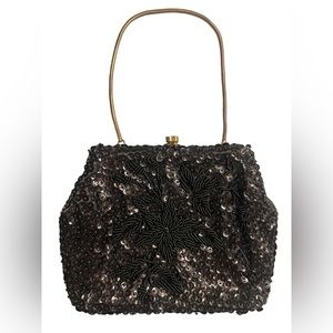 Vintage 50’s Grande Maison Blanche handmade evening clutch beading black gold